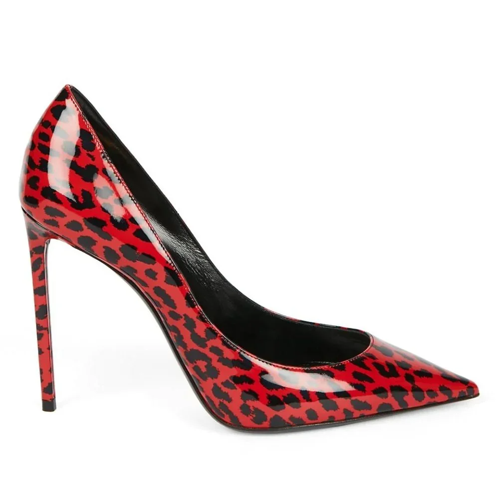 Saint Laurent ZOE 85MM Red Leopard Animal Print Patent Leather Pumps - Picture 3 of 12